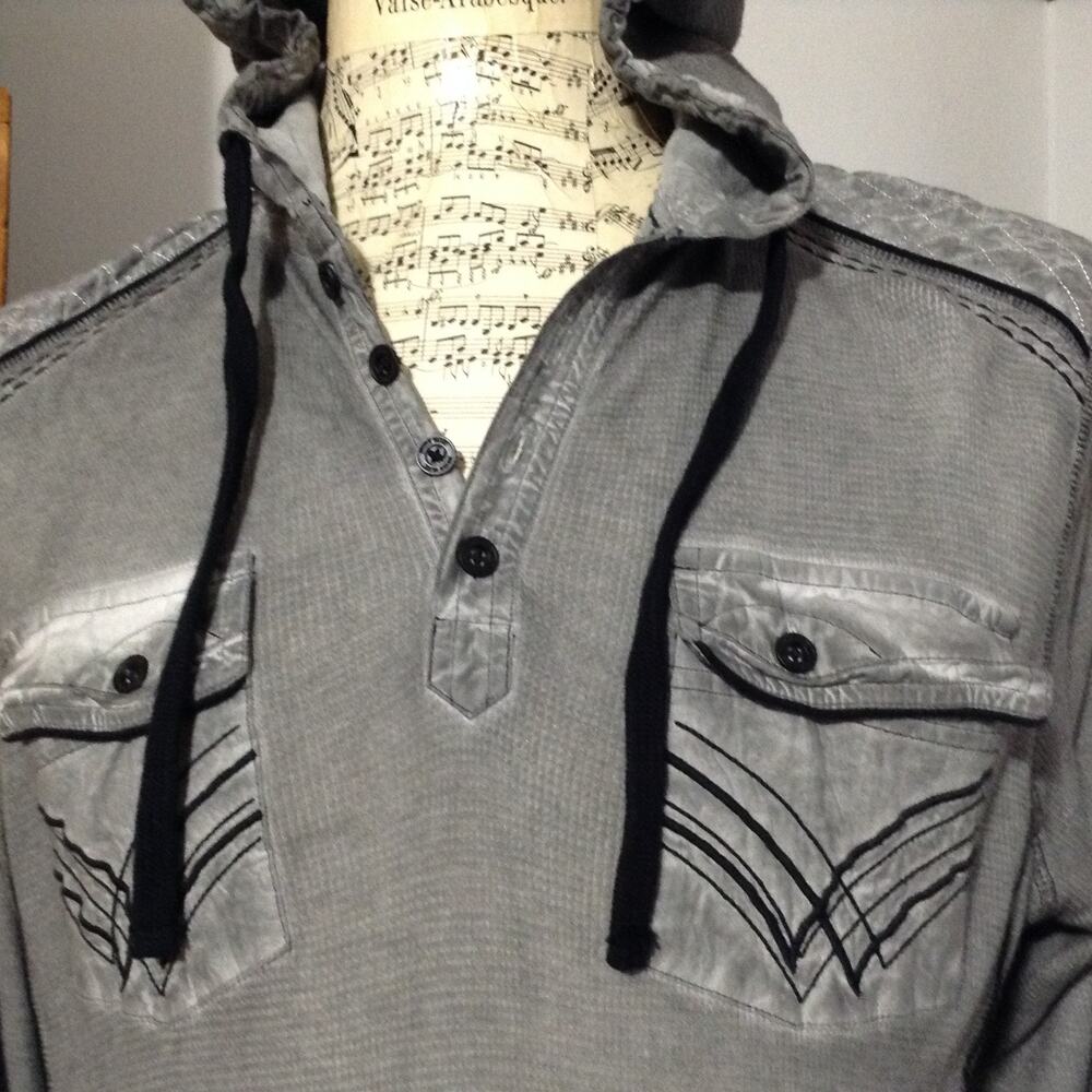Buckle Shirt Mens Black Hoodie Med Athletic Fit Henley Gray Distressed No 48
